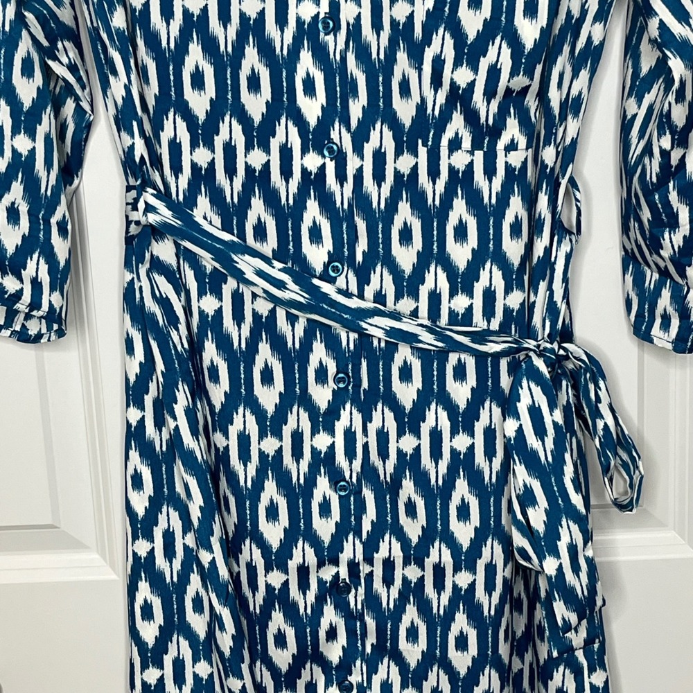Maeve Anthropologie Dress Size Medium Blue White Ikat Tie Waist Mini - Picture 4 of 12